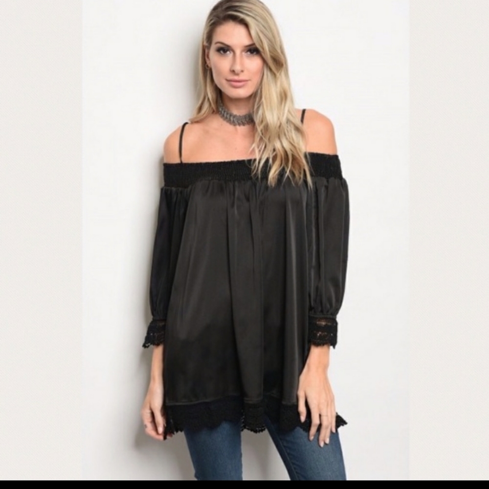 *🔥🔥Off Shoulder Satin Top-BLACK- - Picture 2 of 3